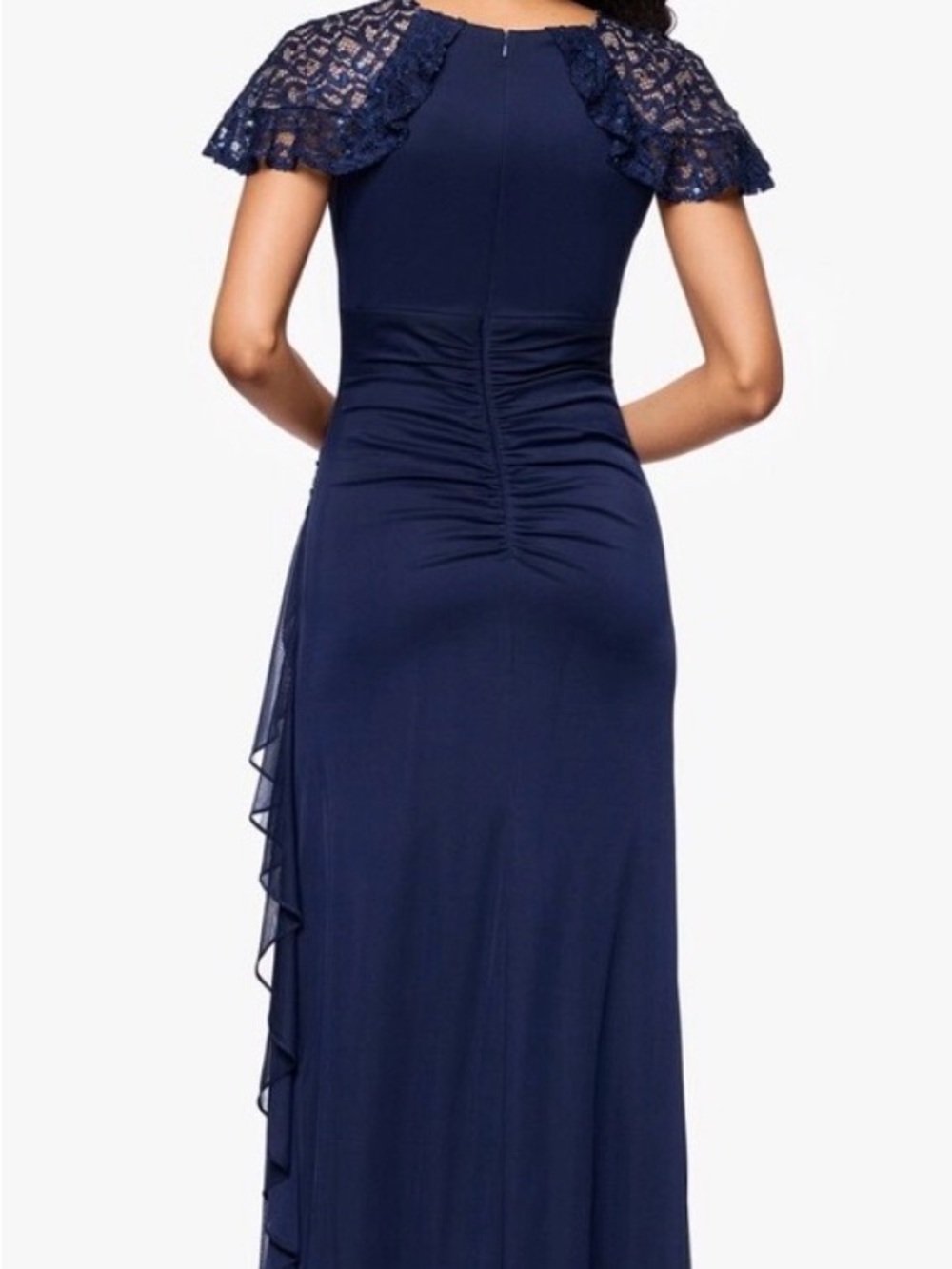 Betsy & Adam Navy Lace-Shoulder Evening Gown - Picture 2 of 10